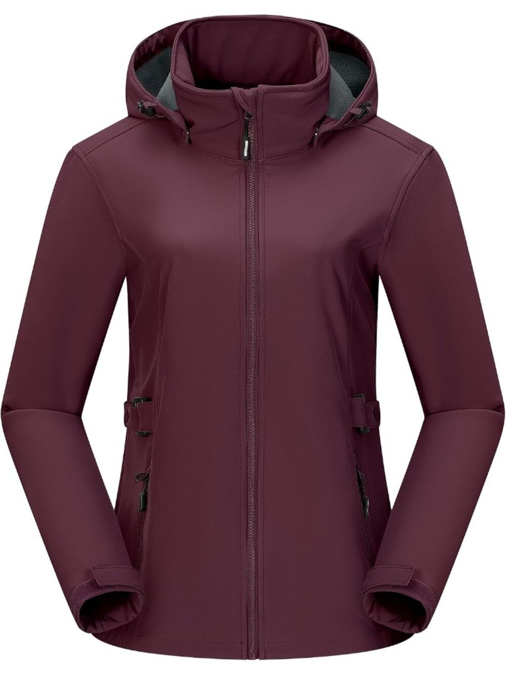 Womens Wine Fleece Lined Removable Hood Full Zip Waterproof Softshell Rain Coat
